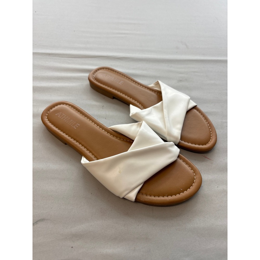 Athmile Womens White Faux Leather Twist Cross Strap Slide Sandals Size 9